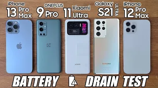 iPhone 13 Pro Max vs OnePlus 9 Pro / S21 Ultra / Mi 11 Ultra / iPhone 12 - BATTERY DRAIN TEST!