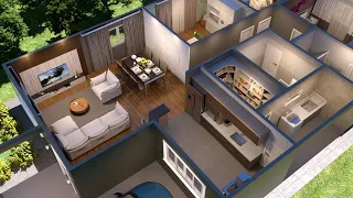 3D House Plan with Three Bedrooms, Kitchenette and Closet