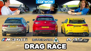 BMW M340i v AMG A45 v Alfa Stelvio QV - DRAG RACE *Mat v Mum v Girlfriend*