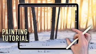 IPAD PAINTING TUTORIAL - Snow Forest Sunrise landscape in Procreate