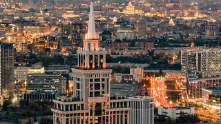 Triumph Palace skyscraper after sunset. Moscow [Drone 4K 60fps]