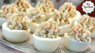 Stuffed eggs - filling with crab sticks, cheese and garlic