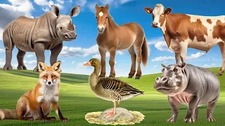 Amazing Familiar Animals Playing Sounds: Goose, Hippo, Fox, Cow, Rhino, Horse - Cute Little Animals