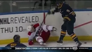 Steve Ott levels Nathan Gerbe in the corner