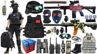 Unboxing special police weapon toy set, M416 rifle, Glock pistol, gas mask, bomb dagger