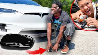 Leaving Tesla Keys Glued To Floor In Public!