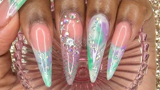 Acrylic Nails Tutorial - How To Acrylic Nails with Nail Tips - Mermaid Marble with Netting Design