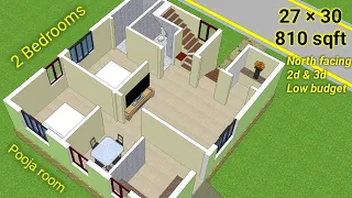 27 x 30 North facing house plan for 2bhk with dining and pooja rooms in 810 square feet