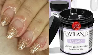 Review Saviland Hard Builder Gel [Sculpted Almond Glitter Fade Nails]