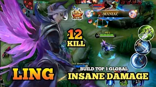 12 Kills + MANIAC!! Ling Crazy damage with New Build PHYSICAL ATTACK - Build Top 1 Global Ling ~MLBB