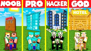 Minecraft Battle: TALL HOTEL SKYSCRAPER HOUSE BUILD CHALLENGE NOOB vs PRO vs HACKER vs GOD Animation