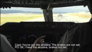 United 747 cockpit view of takeoff from SFO with captions