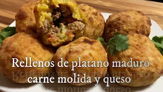 Rellenos de platano maduro, carne moida y queso (stuffed ripe plantain, ground beef and cheese)