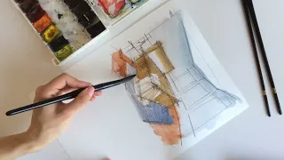 🎨10 Minute Interior Sketch in Watercolour: Drawing Bedroom Interior in Perspective