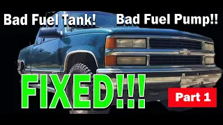How to remove a truck box, replace a fuel pump, fuel tank and filler neck on a 1998 Chevy Silverado!