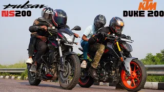 KTM Duke 200 vs Bajaj NS200 with Pillion Drag Race - Loaded Battle