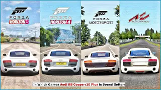 Audi R8 Coupe V10 Plus Top Speed in FM8, Forza Horizon 5, Forza Horizon 4, Assetto Corsa