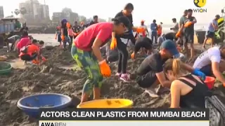 Actors clean plastic from Mumbai Versova beach