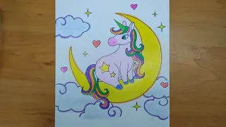 How to draw a unicorn riding on the moon in five minutes/Step by step drawing tutorial unicorn.