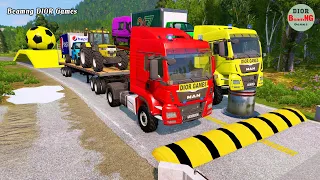 Double Flatbed Trailer Truck vs speed bumps|Busses vs speed bumps|Beamng Drive|477