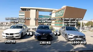 Bmw F30 320iED VS Mercedes W206 C200 4Matic VS Renault Megane 1.3 TCE Performans Kıyaslama Testi