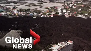 La Palma volcano: Drone video shows black lava covering island as Cumbre Vieja remains idle
