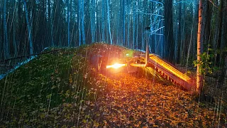 I hide from the rain in a dugout. Night in the wild forest. I'm cooking dinner on the stove.