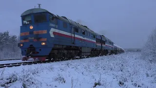 Freight trains in winter in Pskov. Snowy December 2020. Berezki station