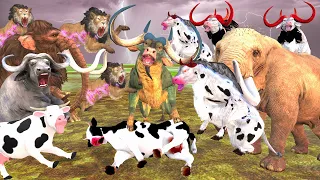 3 Zombie Lions Vs 3 Zombie Bulls Attack Cow Cartoon Buffalo Saved by African Elephant Woolly Mammoth
