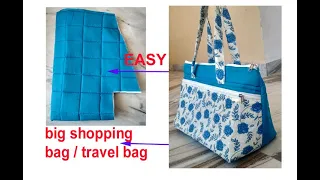 waste blouse piece reuse -big shopping bag with pocket -diy cutting & stitching cloth bag/travel bag