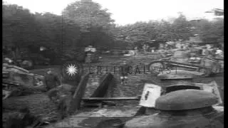 French Renault FT tanks at repair station in France during World War I HD Stock Footage