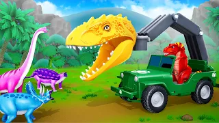 Giant Dino Head Jeep vs Jurassic Dinosaurs - Red T rex Making Fun with Dinosaurs | Dinosaurs Fights