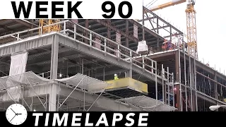 One-week construction time-lapse with 35 closeups: Ⓗ Week 90: Cranes, concrete pump, welders, more