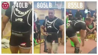 Larry Wheels deadlifting world record all 3 lifts 740lb, 805lb, 855lb 11/19/2017