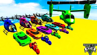 GTA V Mega Ramp On Super Cars, Bikes, Jets and Boats with Trevor and Friends Stunt Map Challenge