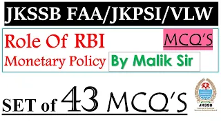 MCQ'S on Role of RBI |Monetary Policy | RBI | JKSSB FAA | Jkpsi|VLW| Indian Economy