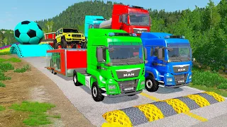 Double Flatbed Trailer Truck vs Speedbumps Train vs Cars | Tractor vs Train Beamng.Drive 010