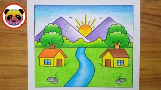 Scenery Drawing / How to Draw Beautiful Landscape Scenery / Village Scenery Drawing Easy Steps
