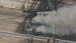 Truck hauling boat crashes, burns on Beltway 8-South at 288