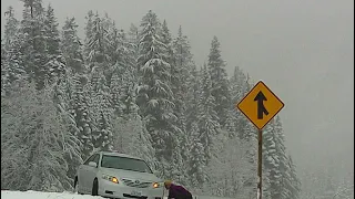 SNOW RAIN SLICK CHAINS REQUIRED SNOQUALMIE PASS   CAR OFF ROAD STUCK DIGGING OUT