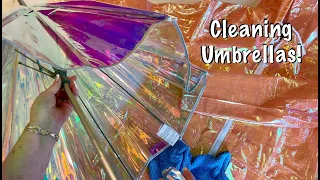 ASMR Cleaning heavy plastic! (No talking) New umbrella’s need wiping down. Spray bottle.