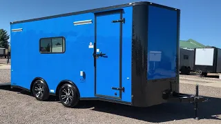 Optimal Towing Set up in this Insulated 8.5x18 Cargo Trailer with A/C, Power, and windows!