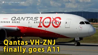 Qantas Airways (VH-ZNJ) departs RW03 via A11 at Perth Airport.