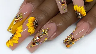 3D Acrylic Flowers (Sunflower), French Tip Swarovski Bling | Fall Nail Art Design