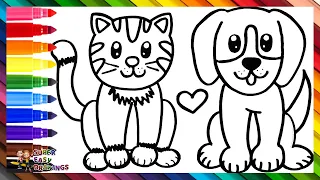 Drawing and Coloring a Cute Cat and a Dog 🐱❤️🐶🌈 Drawings for Kids