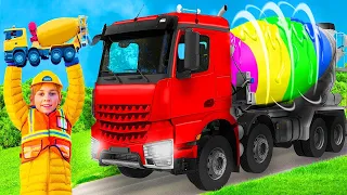 Kids play and learn with real concrete mixer truck, excavators and toys