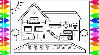 How to Draw a Cute House with a Garden for Kids 💚💜💙🌸Cute House Drawing | House Coloring Pages