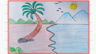 Beach scene drawing | How To Draw beautiful beach scene drawing|