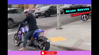 Keanu Reeves ride off in his Blue Arch Motorcycle after lunch in Hollywood at San Vicente  Bungalows
