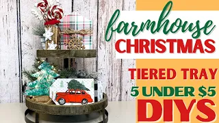 CHRISTMAS TIERED TRAY IDEAS | BEAUTIFUL FARMHOUSE HOLIDAY TIERED TRAY DIYS | 5 UNDER 5 DIY CHALLENGE